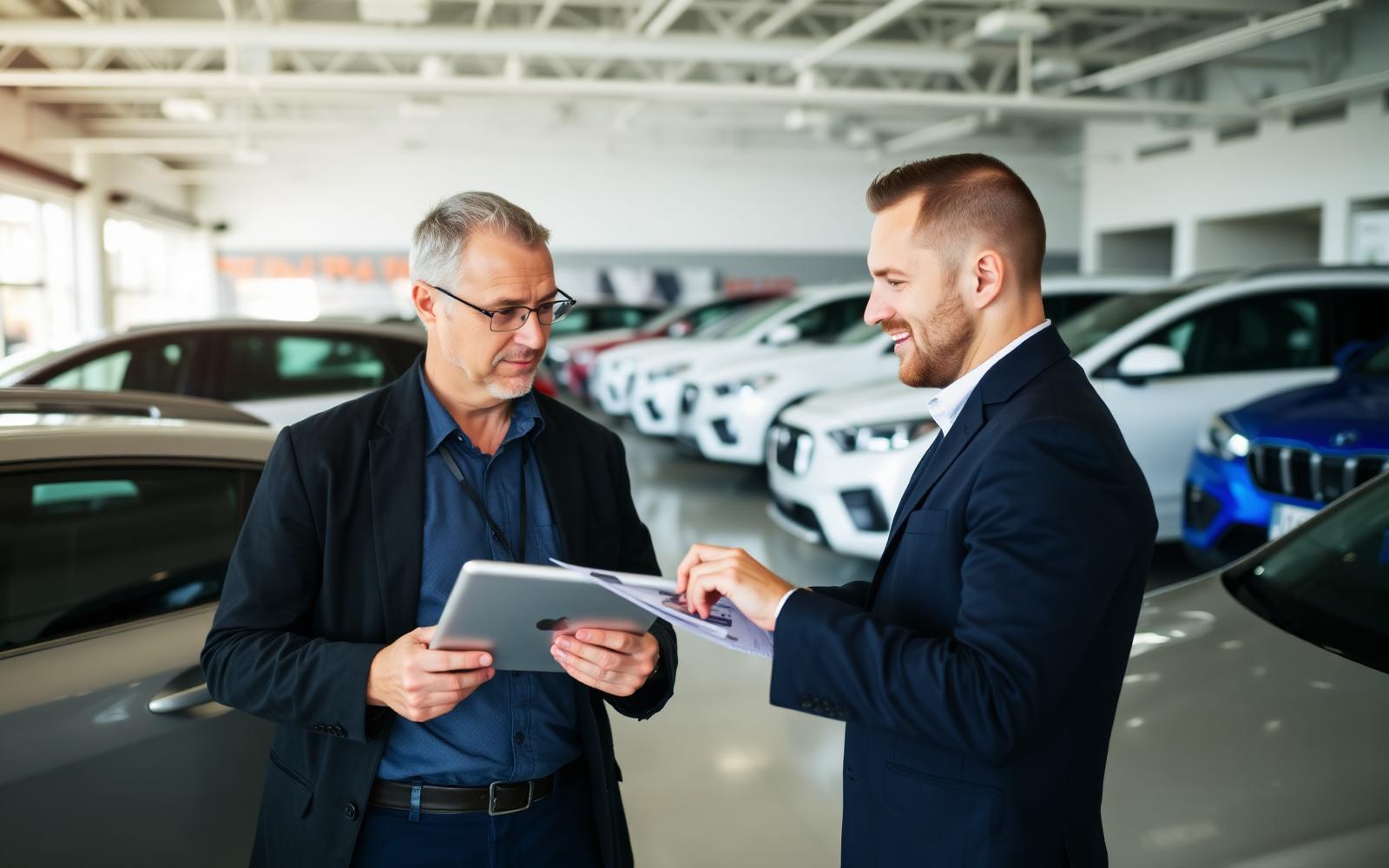 Dealership manager reviewing dealer-plated vehicles on a tablet